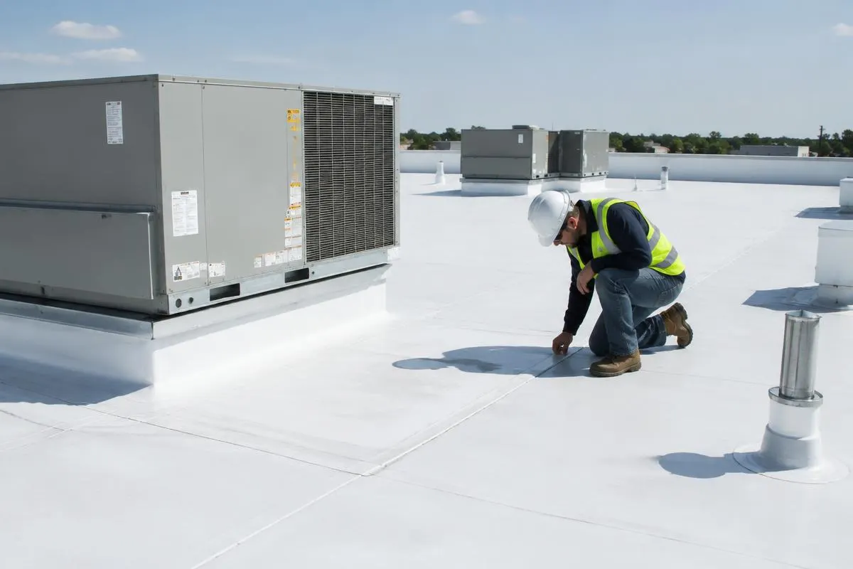 Roofer kneeling to inspect seams on a white membrane flat roof beside rooftop HVAC units