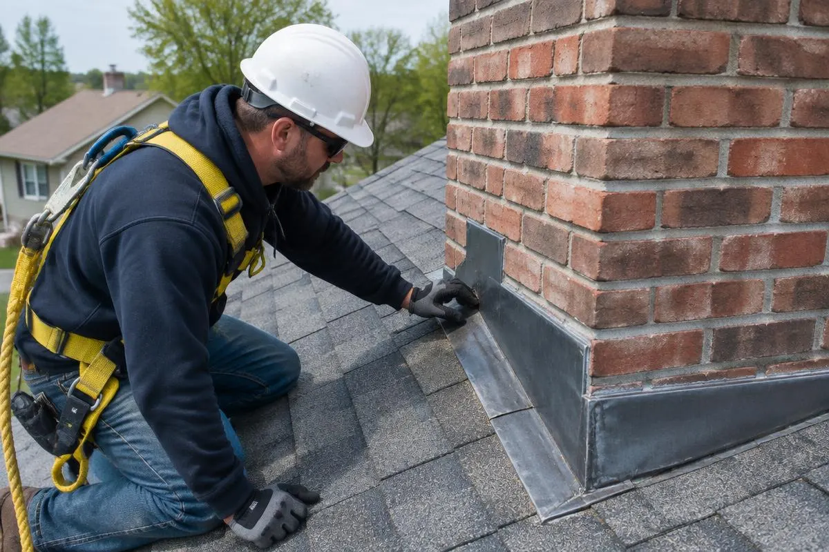 Roofer in a safety harness checking metal step flashing around a brick chimney