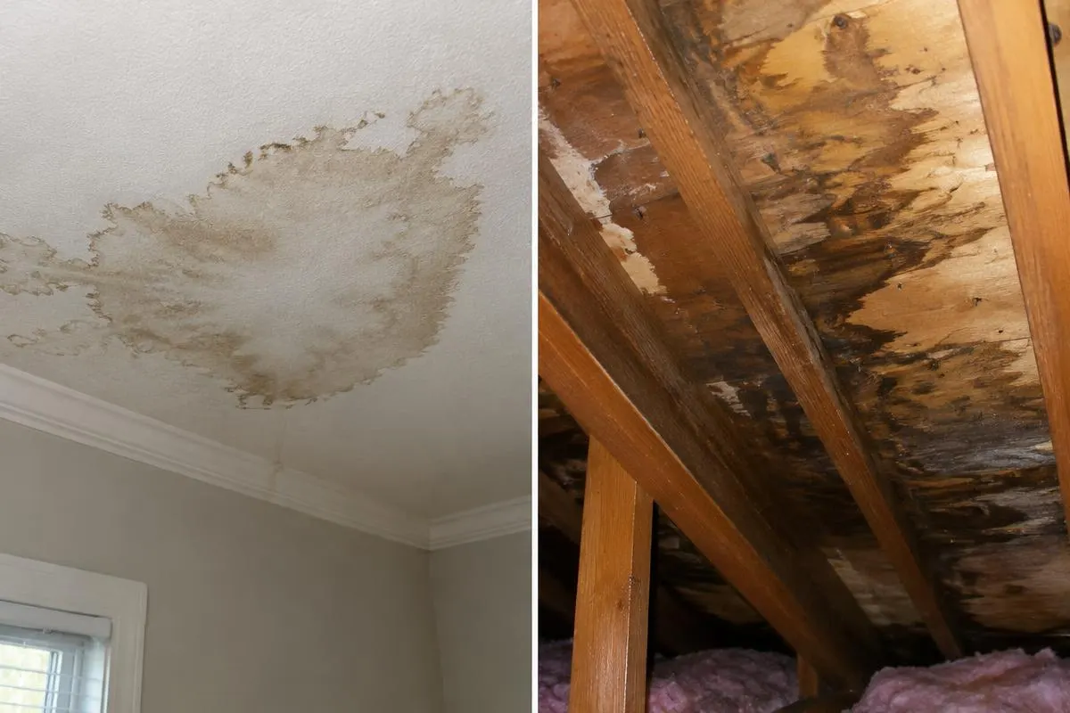 Water stain on a bedroom ceiling next to damp, discolored roof sheathing in an attic