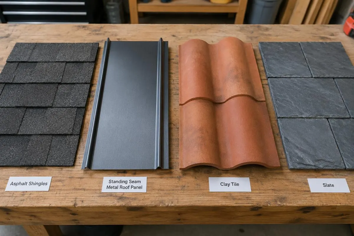 Roofing material samples of asphalt shingles, standing seam metal, clay tile and slate on a workbench