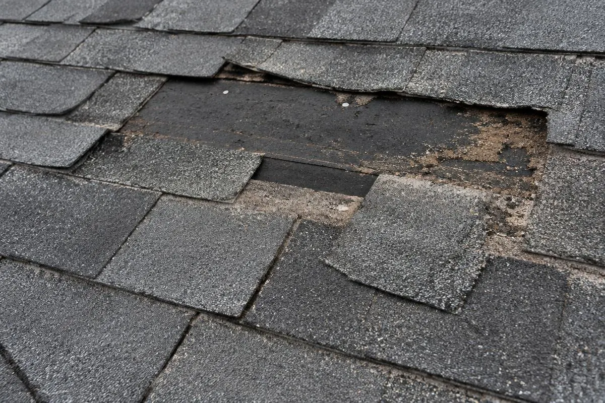 Close-up of worn asphalt shingles with missing tabs exposing the underlayment on a residential roof
