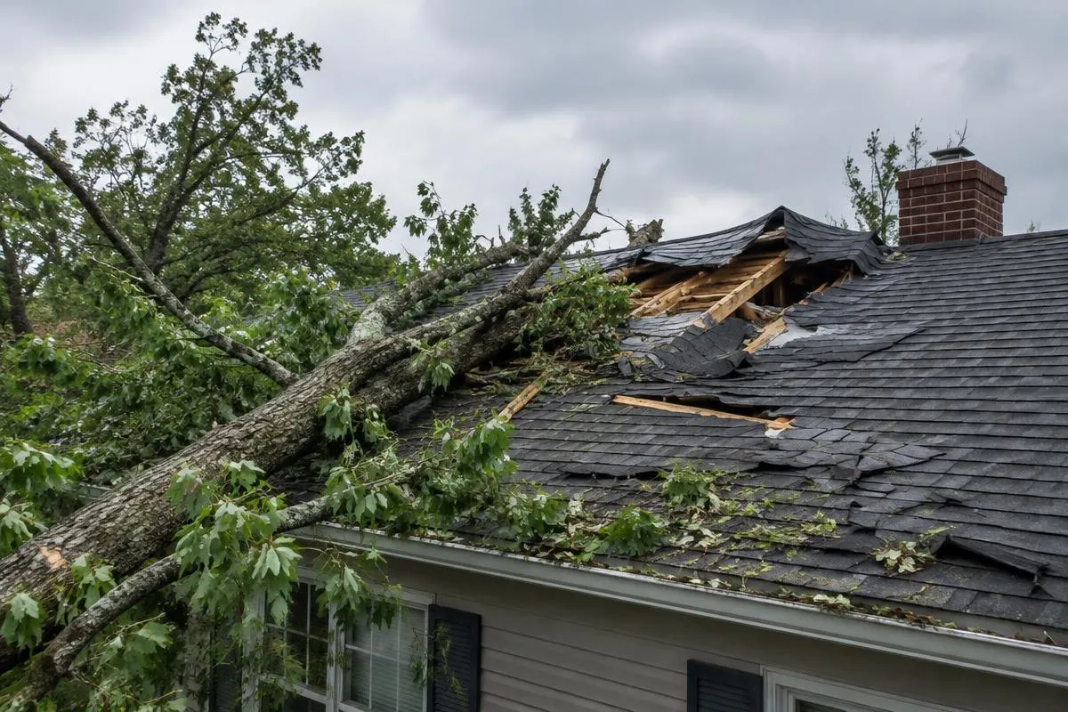 Fallen tree resting on a storm-damaged shingle roof with torn shingles and exposed rafters